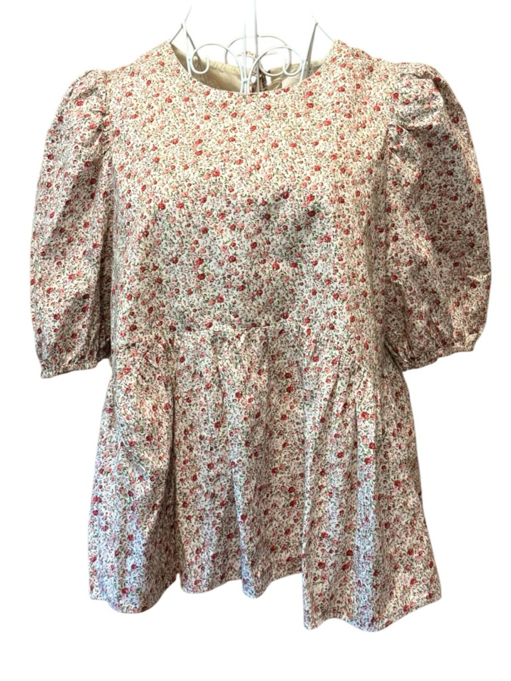 Hyacinth House Floral Ditsy Rose Puff Sleeve Peplum Blouse Top Size M